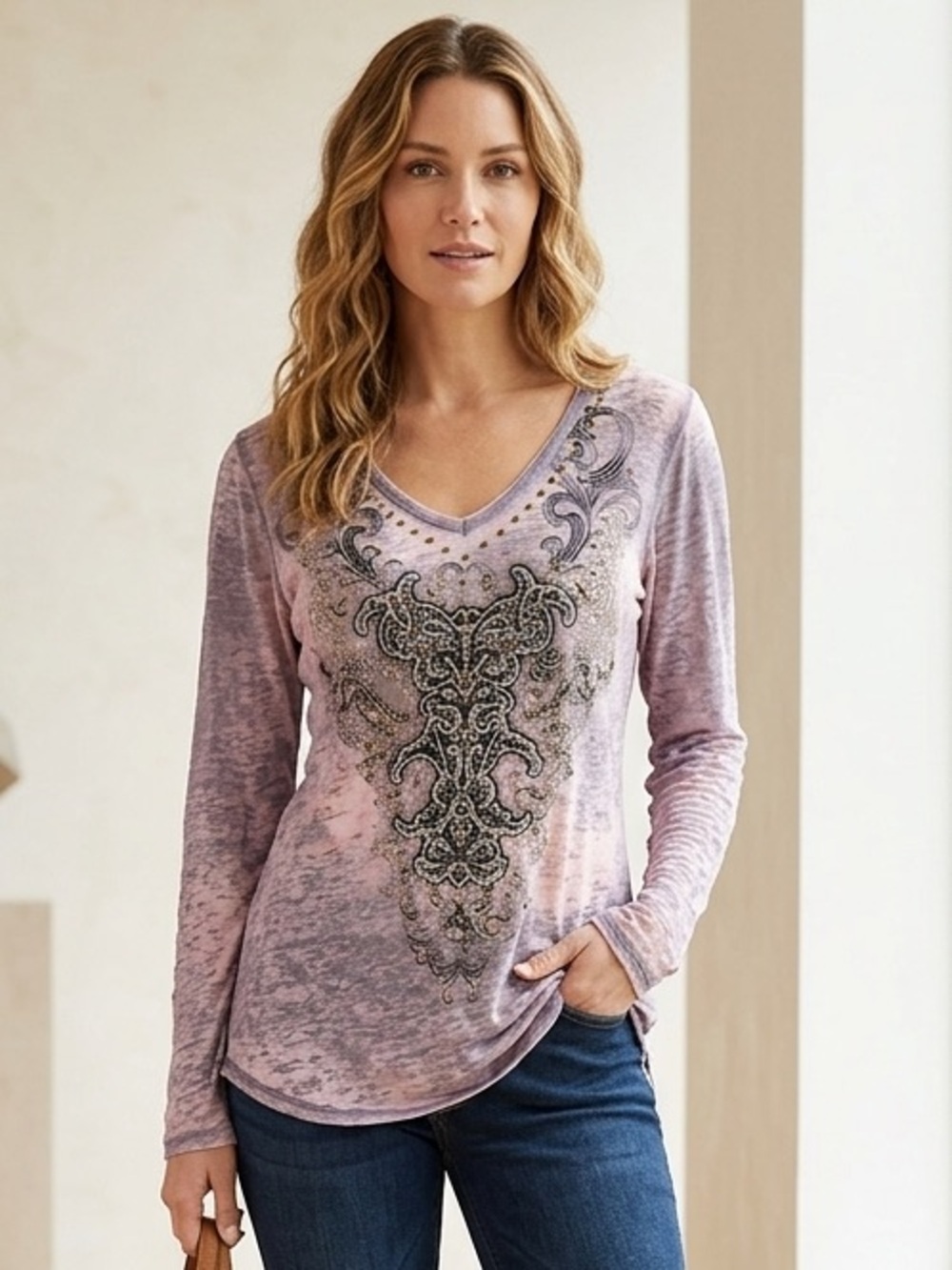 Grey and Pink Embellished Burnout T